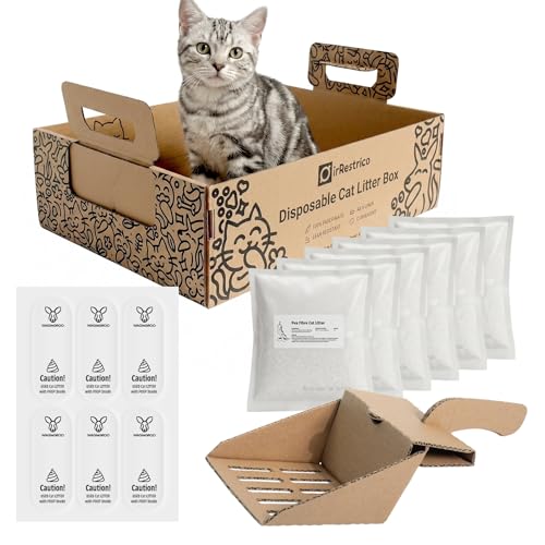 IRRESTRICO Cat Litter Travel Kit with Flushable Clumping Litter Foldable Disposable Cardboard Litter Box & Scoop Portable Cat Travel Essentials for Road Trips Hotels Moving & Emergency Use
