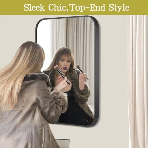 Black Vanity Mirror Bathroom for Over Sink,Wall-Mounted Aluminum Framed Mirror for Bedroom,Restroom,Corner,Modern Rounded Corner Anti-Rust Hanging Mirrors of Home-12 * 16in - Image 3