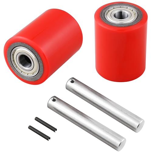 a pair of pallet jacktruck wheels 3 x 37534 745 x 93mm with pre-installed bearings 20mm id pu tread - includes axles and pins by jackcraft