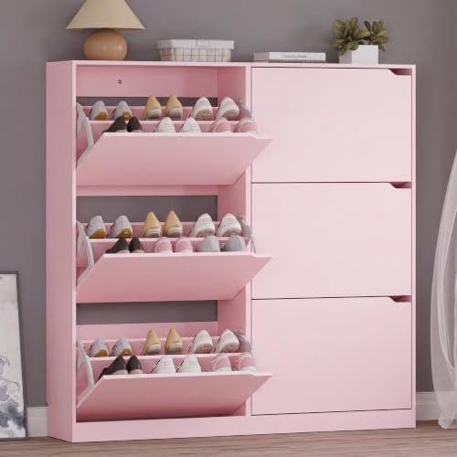 Image of BORNOON Shoe Cabinet with 6 Flip Drawers, Slim Narrow Shoe Storage Cabinet, Freestanding Shoe Organizer for Entryway, Hallway, Foyer