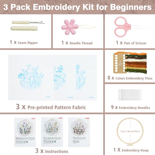 Image of RidaaFri Embroidery Kit for Beginners, Set of 3 Flower Pattern DIY Kits for Adults & Starter, Hand Embroidery Practice Kit with Step-by-Step Guide & Video Tutorial, Includes Hoop, Needles, Floss