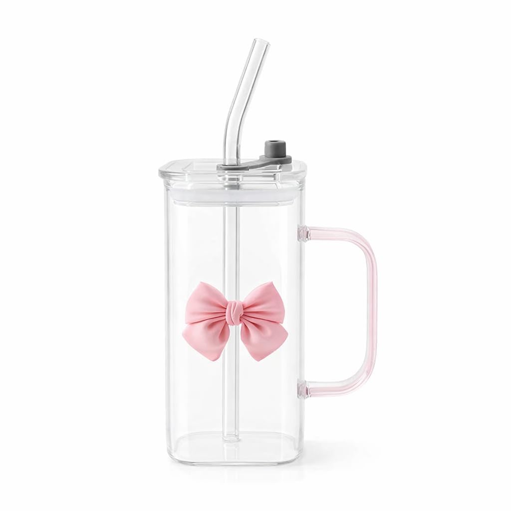Buy NEOCRATES Coquette Cute Pink Bow Glass Cup with Lid and Clear Straw ...