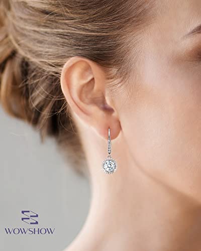 Wowshow Moissanite Earrings, Leverback Earrings For Women 925 Sterling Silver 3Ct Moissanite Diamond Dangle Drop Earrings Round Halo White Gold Plated For Girls Birthday Wedding Mothers Day Gifts #TOP6