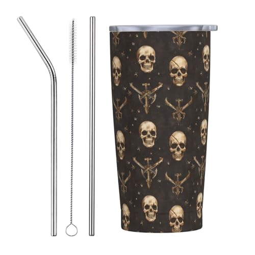 GVYGVY Taza de café de viaje con tapa de 20 onzas, vaso de acero inoxidable con estampado de calavera estilo pirata, reutilizable, taza de café aislada, taza de té de viaje a prueba de fugas con tapa