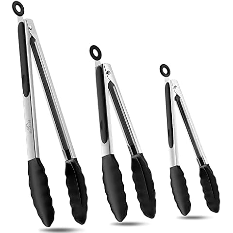 Bnlcd Kitchen Tongs, Premium Stainless Steel Locking Cooking Tongs with Silicone Tips, Non-Slip Food Tongs for Cooking, Heavy Duty, Non-Stick, 480℉, Set of 3-7" 9" and 12" Black Cover
