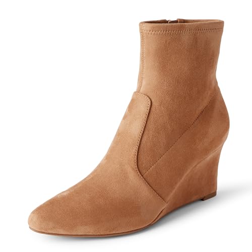 Amazon Essentials Women's Wedge Zip Ankle Boots, Tan Faux Suede, 6.5
