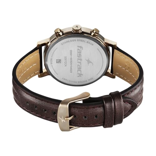 Image of Fastrack Chrome K Quartz Analog with Green Dial Brown Leather Strap Watch for Men - 3287QL02