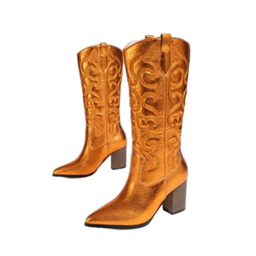 Cowboy Boots for Women Western Mid Calf Boots Retro Pointed Toe Pull On Long Tall Block Chunky Heel Cowgirl Boots