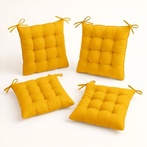 Déco Arts Coussin de Chaise - Lot de 4 Coussins Carrés avec Attaches pour Chaises Intérieur ou Extérieur - Polyester 65% & Coton 35% - Galette Certifiée...