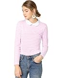 Allegra K Damen Weinachten Shirt Langarm Party Bubikragen Colorblock Streifen Top Bluse Rosa L