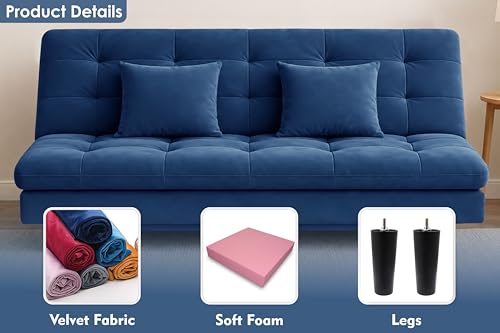 Image of Modern Convertible Three-Seater Futon Sofa Bed with Tufted Sleeper Couch Sofa with Adjustable Backrest- Living Room Furniture-Blue