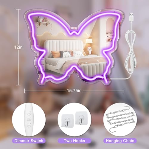 Image of Butterfly Neon Sign Mirror, LED Neon Signs for Wall Decor, 15.7'' x 12'' Dimmable Neon Light for Teen Girls & Kids Birthday Party Gift, Neon Sign for Bedroom Decor, Wall Mirror, USB Powered (Purple)
