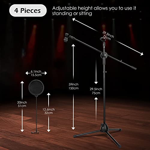 4 Pcs Tripod Microphone Stand Adjustable Boom Height Mic Stand With Mic Clip And Windscreen Collapsible Overhead Boom Stand For Live Stream, Singing, Stage Performance, Studio, Max Height 60 Inch #TOP1