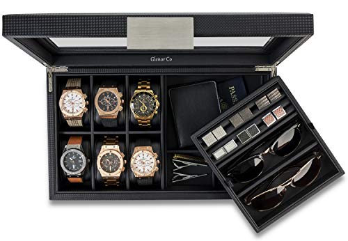 Glenor Co Valet Jewelry Box For Men - Holds 6 Watches, 12 Cufflinks, 2 Sunglasses & Tray Storage - Mens Watch Case - Carbonfiber Organizer W Metal Accents, Pu Leather & Large Glass Lid - Black #TOP3