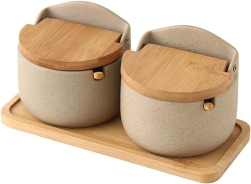Vajdlpq Tarro de especias de cerámica, tarro de condimentos con tapa y cuchara, juego de recipientes de sal y azúcar para cocina, accesorios elegantes y funcionales para encimera de cocina, 2 piezas