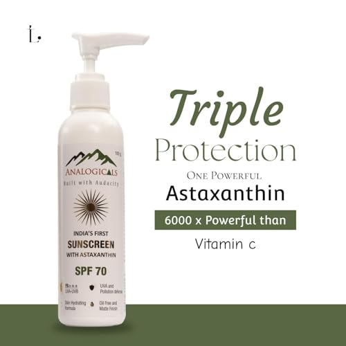 Image of Sunscreen SPF 70 PA++++ with Astaxanthin for Men & Women | Broad Spectrum UVA UVB & Blue Light Protection | Water Resistant Non Greasy Dewy Finish Sunscreen for All Skin Types | 100ml