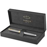 PARKER Sonnet Fountain Pen, Prestige Chiseled Silver with Gold Trim, Solid 18k Gold Medium Nib