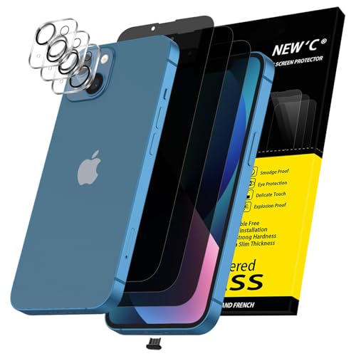 NEW'C 3x Privacy for iPhone 13 Screen Protector (6.1 inches)+ 3x Camera Lens Protector, Sensor Protection, Case Friendly Tempered Glass Film + Dust Plug- Enhanced Privacy Angle of 28 Degrees