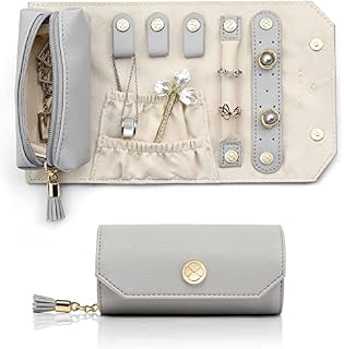 Vlando Jewellery Roll Bag Small Travel Jewellry Case Box Faux Leather Jewellry Storage for Necklace Rings Earrings Grey
