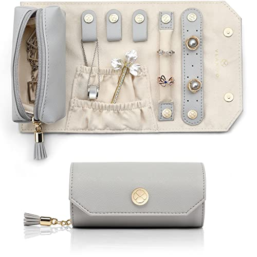 Vlando Travel Jewellery Case, Faux Leather Jewellery Rolls Jewellery Organiser for Rings, Earring, Necklaces,Bangle, Gift for Women, Couples, Friends Beige