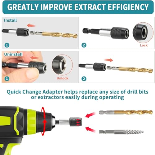 15-Pieces Screw Extractor Set, 37# CR-MO & 6542 HSS Steel Cobalt Left Hand Reverse Drill Bit with 1/4'' Adaptor, Ez Out Stripped Tiny Bolt Remover Kit, Easy Out Broken Screw Head Speed Out Tool