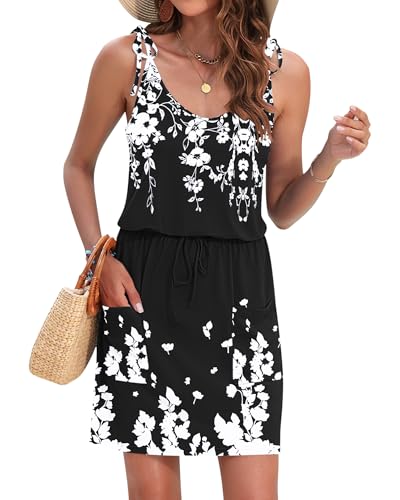 Image of AUSELILY Womens Summer Dresses Sleeveless Spaghetti Strap Beach Cover up Drawstring Waist Mini Short Dress with Pockets