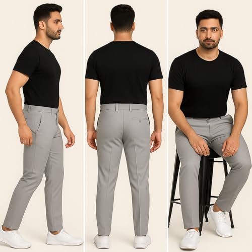 Image of Men's Chinos Stretchable Trousers with Expandable Waist - Lycra Cotton Blend Formal Casual Pants | Skin Friendly Solid Regular Fit