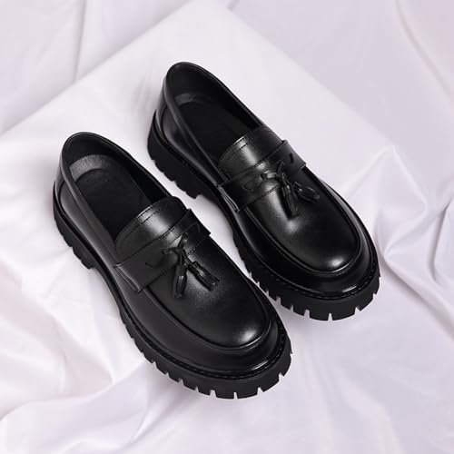 Image of Mens Leather Slip-On Platform Dress Tassels Loafers Non-Slip Low Top Round Toe Chunky Penny Shoes for Business Casual Dress Prom Party