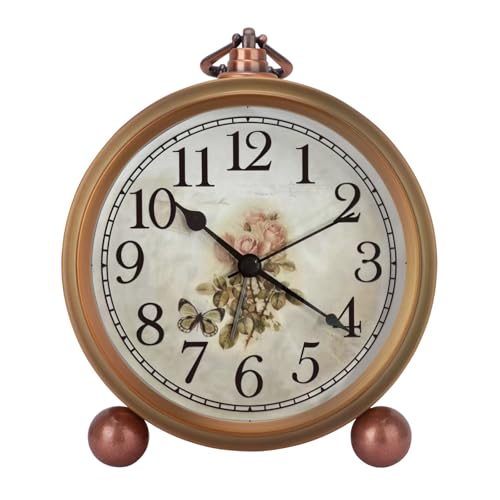 Maxspace Metal Golden Table Clock, Retro Vintage Non-Ticking Small Alarm Clock,Battery Operated Silent Quartz Movement HD Glass Desk Clock for Bedroom Living Room Indoor Decoration Kids… (Rose)