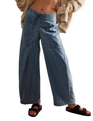 TQD Wide Leg Barrel Jeans for Women Trendy 2025 Mid Rise Baggy Boyfriend Y2K Drawstring Denim Pants with Pockets Relaxed Fit