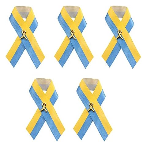 KAISAN 5 Pcs Ukraine Ribbon Pins, Blue & Yellow Satin Ribbon Shaped Pin,Ukraine Flag Pin,Ukrainian Ribbon Brooch Badge, Support Ukraine 2x3 inch Cover