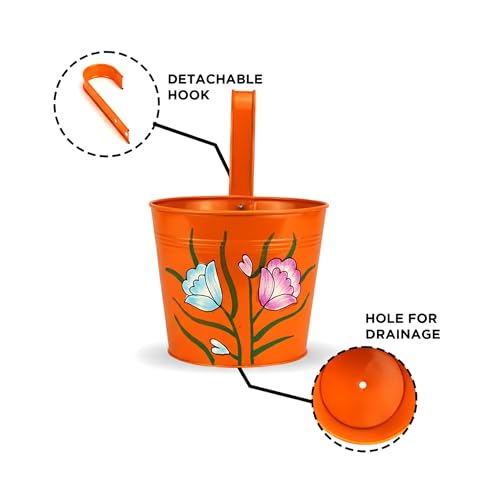 Image of Urban Plant Railing Hanging Metal Planter Pot | Gamla For Balcony | Bucket Planter For Home Decor | Pot For Indoor & Outdoor - Pack Of 5 (Floral),Multicolor