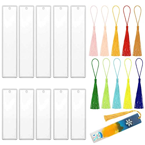 TaimeiMao 10 Piezas Molde Marcapaginas, Moldes Resina Epoxi para Marcapáginas + 10 Borlas Coloridas, Molde de Silicona Rectangular para Marcador de Libro