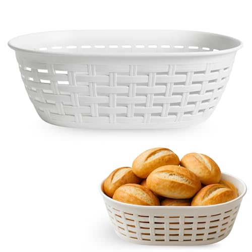 CHEFZOCO Cesta de Pan, Panera de plástico, Cesta para panecillos, Panera de mesa, Cesta para el pan, 25.5 cm largo x 18.5 cm ancho x 7.7 cm alto, Diseño Mimbre, Color Blanco