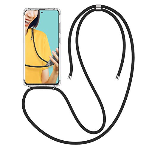 CE-LINK Coque pour Samsung Galaxy A51 avec Bande Silicone et étui Rigide Transparent Housse Etui avec Smartphone Collier Tour de Cou Chaîne Cordon Lanière Sangle - Noir
