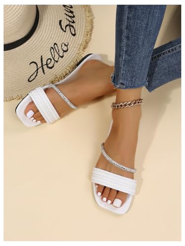 Image of GORGLITTER Women's Rhinestone Sparkly Flat Sandals Glitter Strappy Wedding Braided Prom Leather Square Toe Slide Shoes