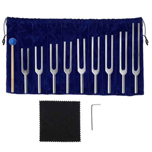 Ollanoos 9 PCS Solfeggio Stimmgabel-Set, mit Silikonhammer und Aufbewahrungstasche, 174/285/396/417/528/639/741/852/963 Hz, geeignet für Therapie, Klangheilung und Medizinische Anwendungen