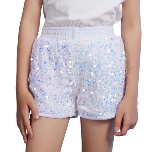 LUCKYGAL Sequin Shorts for Girls Glitter Sparkly White Squince A Line Hot Pants Size 8 9
