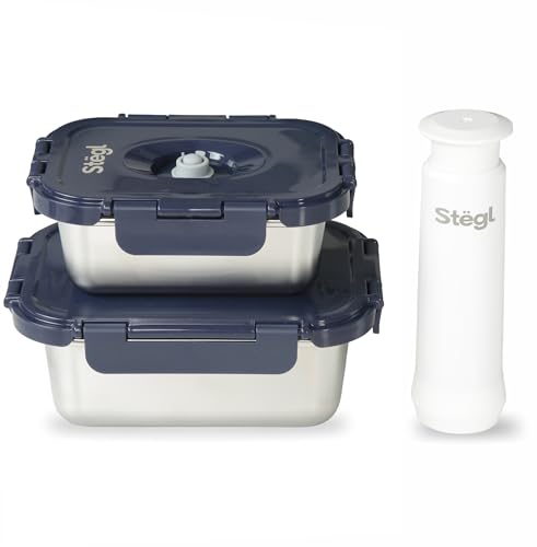 Image of Stegl Vacuum Container Set - Airtight Stainless Steel Containers with Vacuum Pump | Keeps Food Fresh 5x Longer | Microwave & Dishwasher Safe | 480ml & 800ml