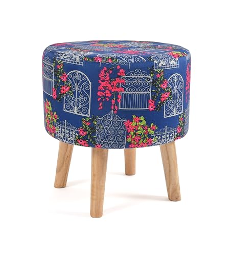 Image of NACIA Printed Ottoman Stool Set of 2 | Soft Cushioned Velvet Pouf Footrest with Wooden Legs | Decorative Seating Stool for Bedroom Living Room Home & Office (16x16x17 Inch, Blue Door)