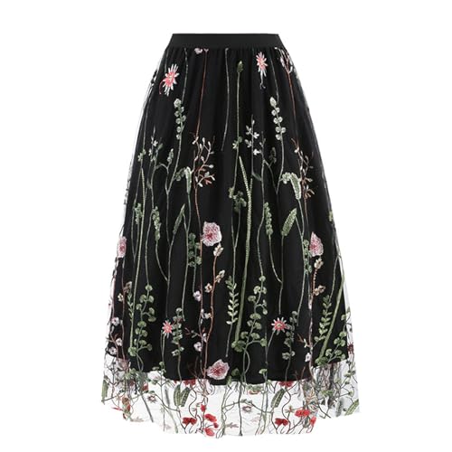 Womens Midi Skirts Embroidered Mesh Skirt Floral Lace Skirts Elastic High Waist Skirts Trendy A Line Pleated Skirts