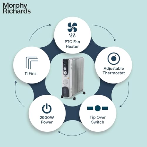 Image of Morphy Richards OFR 11F 11-Fin 2900W Oil Filled Radiator Room Heater | Adjustable Thermostat | Safety Tilt & Auto Thermal Shutoff | Castor Wheels for Easy Mobility | Silent Heating
