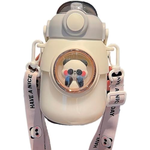 Vlwm かわいいデザイン ウォーターボトル & サーモマグセット - ステンレススチールライナー保温保冷対応 ストロー蓋付き - 子供用に最適 立体ステッカー・ユニバーサルストラップ付属 大容量仕様 (ホワイト)