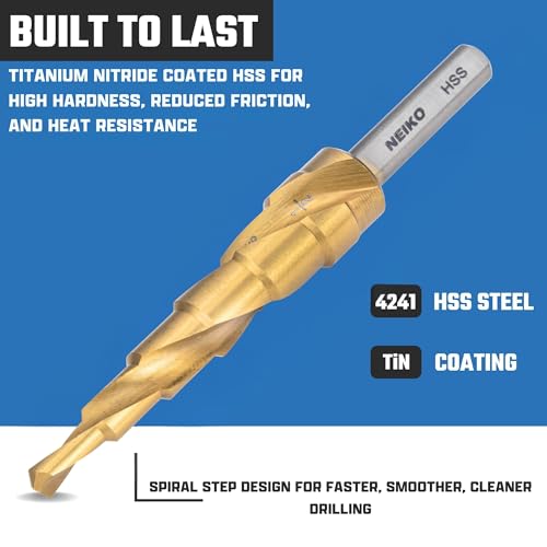 Image of NEIKO 10603A Step Drill Bit, 6 Steps 3 /16 inch to 1 /2 inch Spiral High Speed Steel, Titanium Nitride Coated, 1 /4 inch Tri Flat Step Bits for Steel, Metal, Wood, Plastic, Unibit Cone Drill Bits, Two Flute