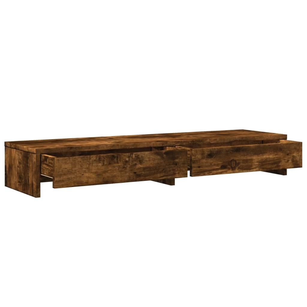 Supporto per monitor con cassetti, in legno di rovere affumicato, 100 x 27 x 15 cm, per ufficio e home office, ripiano ergonomico per laptop, PC, tablet e postazione di lavoro da gioco