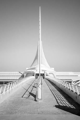 5x7 Inch Black and White Milwaukee Poster: Unframed Photo Paper Print, Art Museum Reiman Bridge Print, Architecture Wall Art, Wisconsin Home Decor, Vertical Portrait Picture Artwork