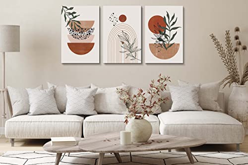 Boho Wall Art Prints，Boho Wall Decor, Mid Century Modern Wall Art，Set Of 3 Prints, Abstract Geometric Prints Black Beige Terracotta Minimalist Art, Natural Framed Canvas Prints Artwork For Living Room Bathroom Bedroom Wall Decor #TOP4