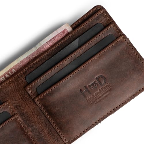 Hide & Drink, Slim Bifold Wallet, Classic Billfold for Pocket or Bag, Store Money, Cards and Cash, Travel Accessory, Full Grain Leather, Handmade, Bourbon Brown3
