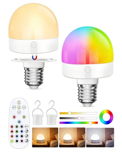 TobeBright E27 Rechargeable Light Bulb with Remote Control, Magnetic E27 Battery Light Bulb,12 RGB Color Changing & 3 Color Temperature,2000mah,Dimmable Bulb with Timer Function for Table Lamps