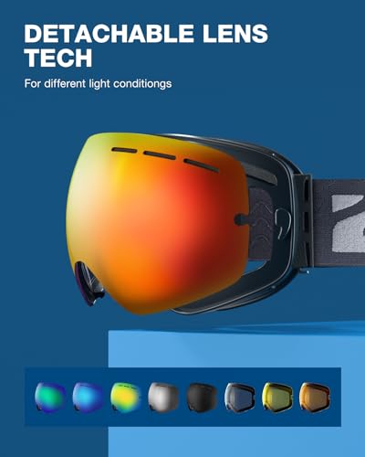 Image of ZIONOR X Ski Snowboard Snow Goggles OTG Design for Men Women with Spherical Detachable Lens UV Protection Anti-Fog (VLT 21% Black Frame Grey Revo Red Lens)